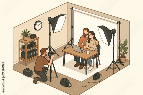 Photographer captures caucasian male and female couple in cozy home studio setup