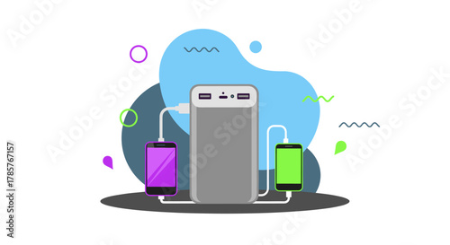 A modern illustration depicts a portable power bank charging two smartphones with vibrant color accents and a minimalist design.