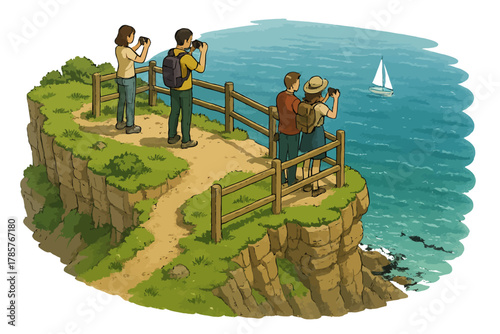 Young adults enjoy scenic cliff view and ocean photography adventure