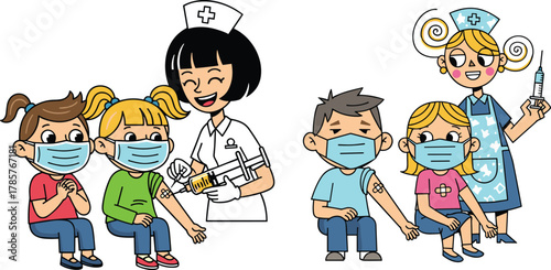 Children getting vaccination from nurse, medical mask safety, healthcare illustration, kids immunization, hospital vaccination campaign, doctor giving injection