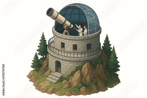 Two caucasian adults observing stars in observatory with telescope at night