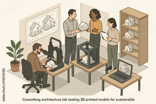 Coworking architecture lab testing 3d printed models for sustainable design