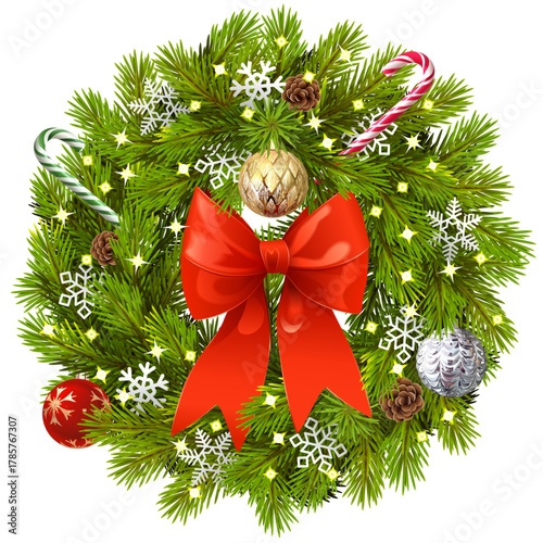 Vector Christmas Fluffy Fir Wreath with Illuminations and Red Bow