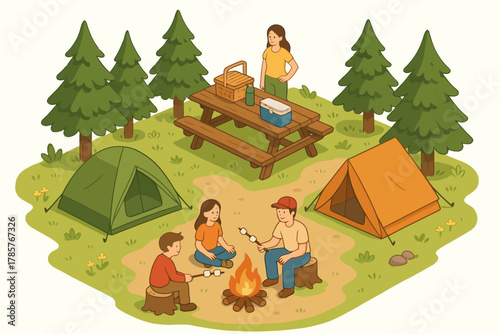 Family camping trip with campfire and tents in forest setting