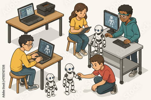 Diverse young adults programming robots in interactive coding workshop