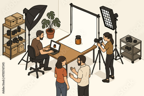 Caucasian photo studio scene: young adults in product photography setup