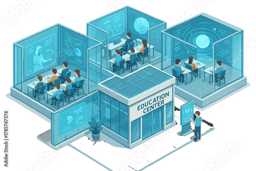 A futuristic education center with interactive classrooms and learning technology