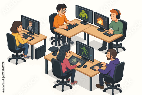Diverse group of young adults engaged in game development on computers