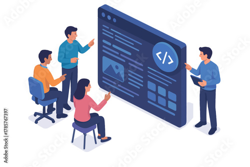 Diverse team collaborating on web development project with interactive digital interface