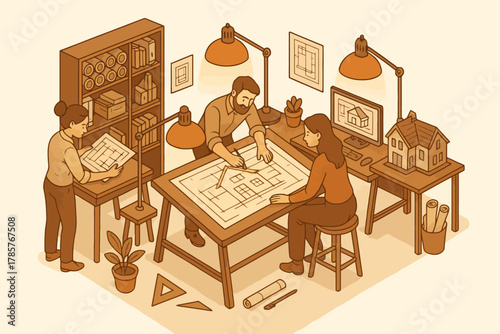 Teamwork in architecture studio with diverse young adults engaged in blueprint design