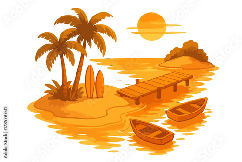 Tranquil tropical sunset with palm trees and boats by a wooden pier