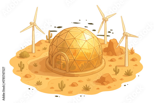 Geodesic dome greenhouse with wind turbines in desert environment
