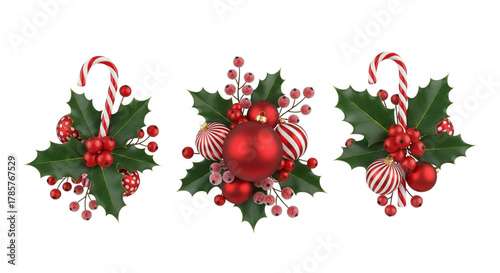 Three christmas ornaments with holly, berries, and candy canes, isolated on transparent background