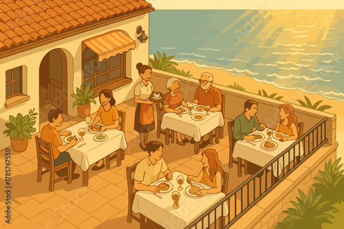 Seaside cafe dining with caucasian adults enjoying meals at sunset