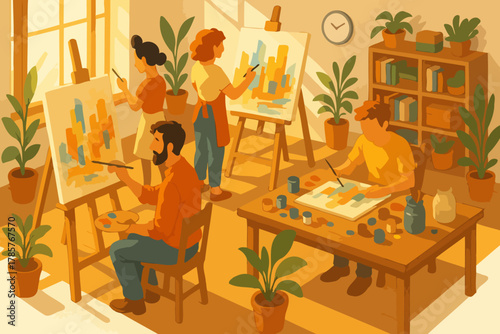 Adults engaged in creative painting workshop with vibrant colors and indoor plants