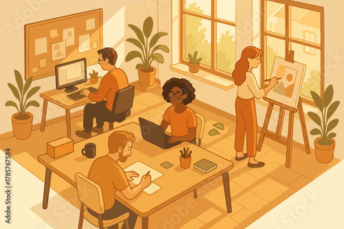 Warmly lit office with diverse young adults working together in modern collaborative space