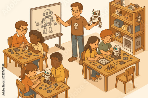 Teacher guides diverse kids in robotics class with hands-on learning and robot models