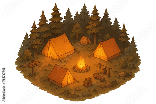 Cozy forest campsite with tents and warm campfire at night