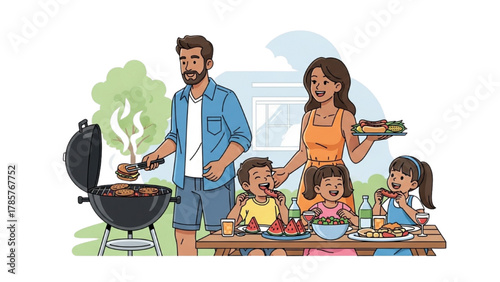 Family enjoying a summer barbecue outdoors with grilled food and drinks