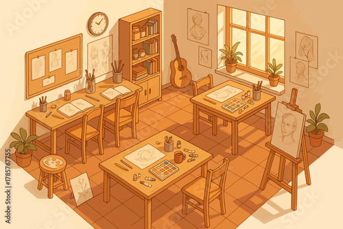 Cozy art studio with drawing desks and art supplies in warm lighting