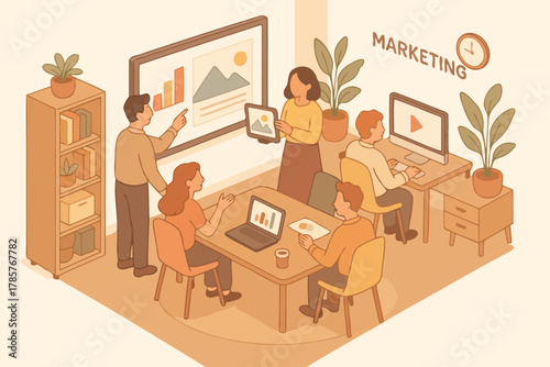 Team of young adults in marketing meeting with technology and charts