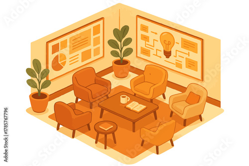 Cozy meeting room interior with warm color scheme and comfortable seating
