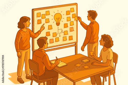 Diverse team collaboration at brainstorming session with idea board