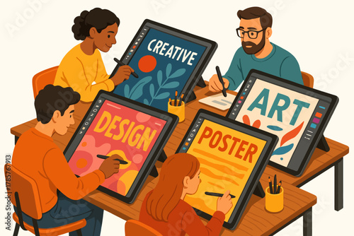 Diverse group collaborating on digital art projects using tablets