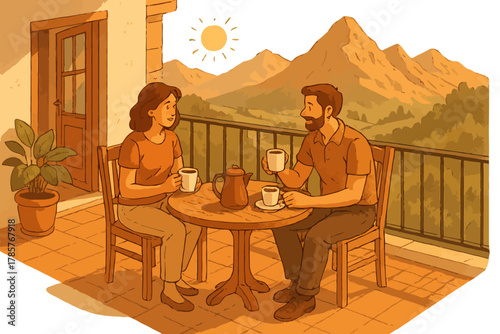 Young caucasian couple enjoying morning coffee on scenic mountain balcony