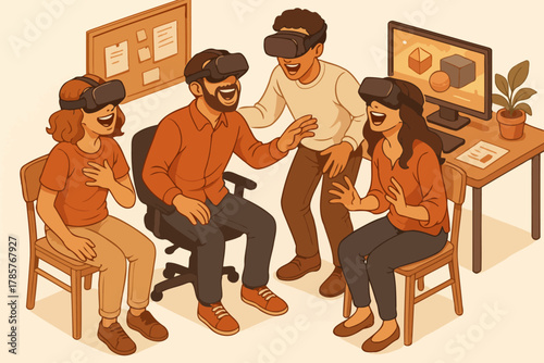 Diverse group of adults enjoying virtual reality experience with headsets