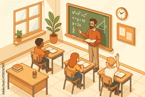 Male teacher explaining math to diverse students in classroom setting
