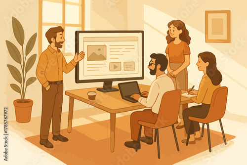 Caucasian young adults collaborating in warm office setting with digital presentation