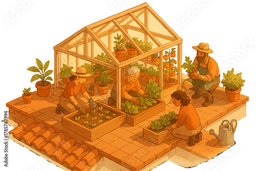 Diverse group in garden tending plants with greenhouse and raised beds