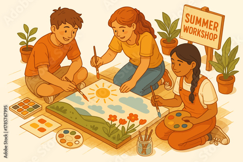 Children painting outdoors at summer art workshop