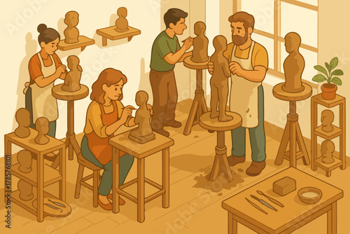 Art class with four young adult caucasian sculptors engaged in clay modeling