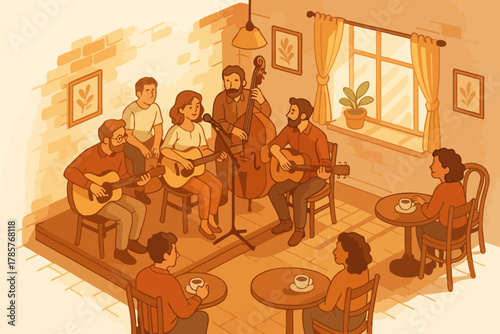 Illustration of a musical trio performing in a cozy café with an audience