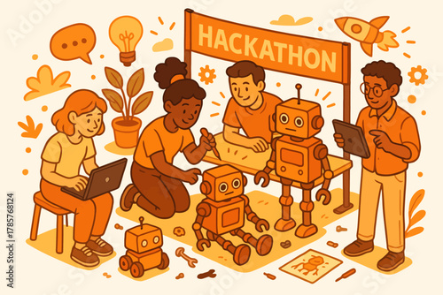 Diverse group collaborating at hackathon with robots and technology