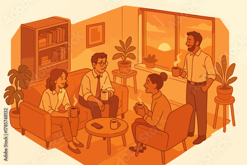 Diverse group enjoying coffee in cozy office lounge with sunset view