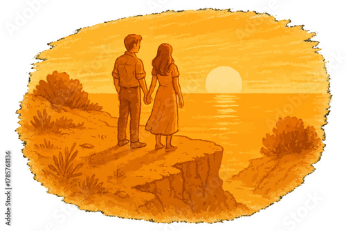 Young caucasian couple enjoying romantic sunset at cliffside ocean view