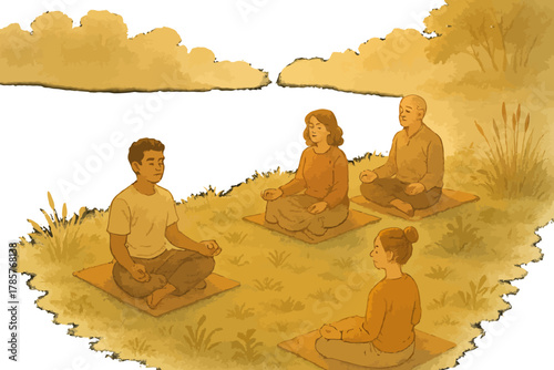 Multiracial group meditation by lakeside: calm and peaceful atmosphere
