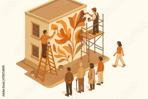 Diverse community mural painting on small building by adults and children