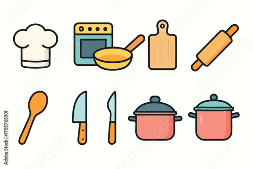 Colorful kitchen utensils and appliances illustration