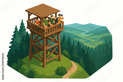 Group of adults on wooden lookout tower overlooking forested mountain landscape