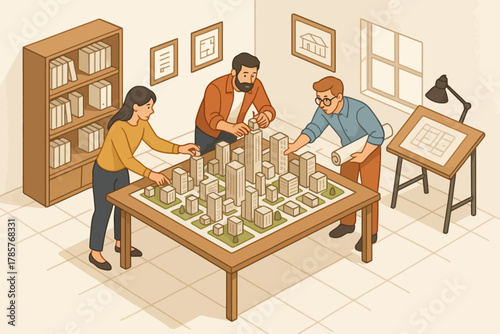 Young caucasian professionals analyzing architectural model in office setting