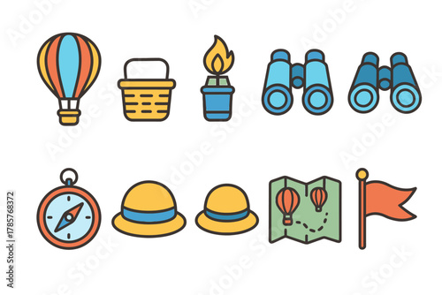Adventure icons collection: hot air balloon, compass, map, binoculars, helmet, torch, flag