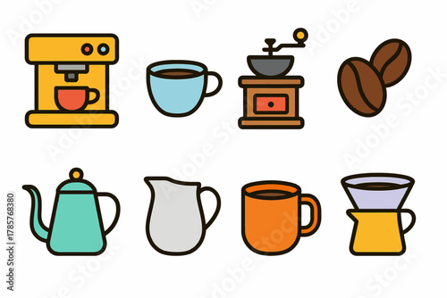Colorful coffee icons featuring espresso machine, mugs, grinder, beans, and kettle
