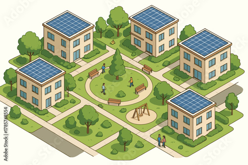 Eco-friendly housing complex with solar panels and green spaces