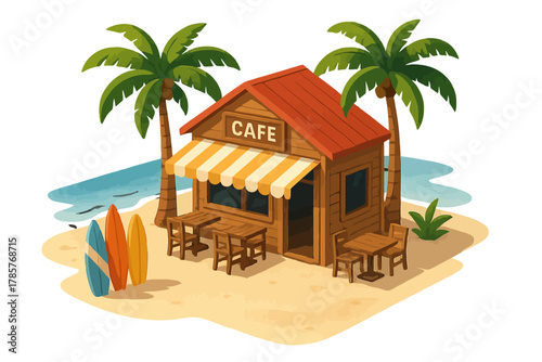 Tropical beach café hut with surfboards and palm trees on sandy shore