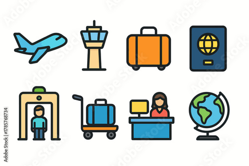 Colorful travel icons featuring airplane, passport, globe, and more
