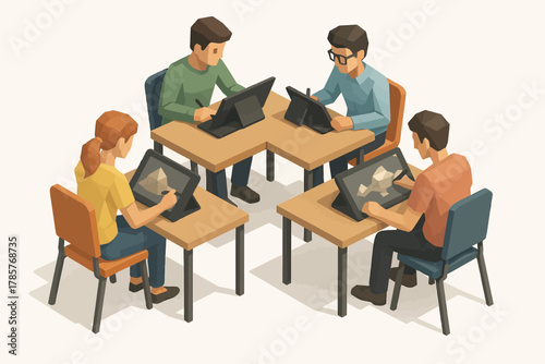 Isometric view of diverse adults engaged in digital art on tablets